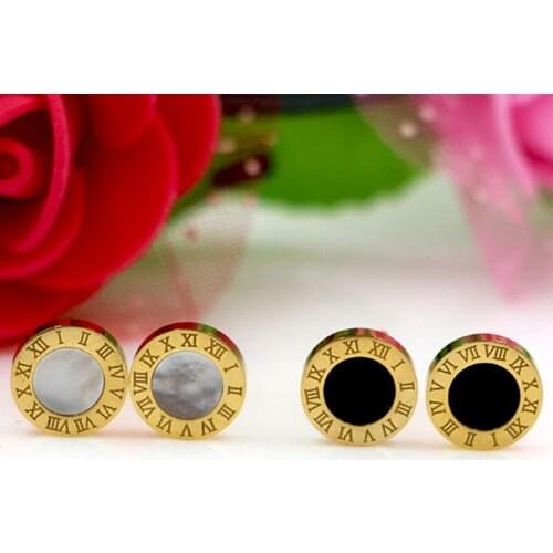 New Hot Charming White Shell And Black Enamel Roman Numerals Pattern Round Fashion Famous Brand Stud Earrings For Woman