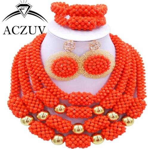 Orange Coral Color Crystal Nigerian Wedding African Beads Jewelry Set Luxury AN006