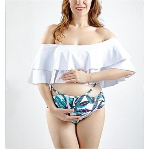 Sexy womens explosion models pregnant women split bikini swimsuit printed ruffle cloak maternity swimsuit