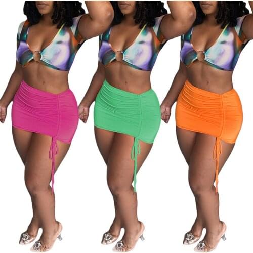 Sexy V Neck Ruched Skirt Sets Summer 2 Pieces Club Outfit Short Sleeve Fashion Printed Crop Top and Solid Color Mini Skirts Suit