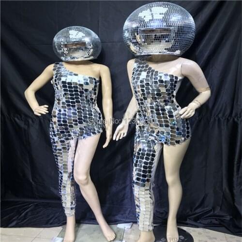 Ballroom dance silver costumes led dj mirror ball dress dj disco catwalk bar performance wears models eveningparty clothe helmet
