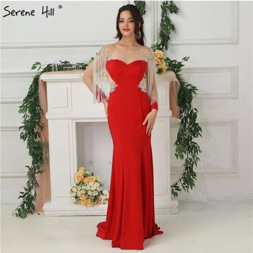 Sexy See Through Long Sleeve Mermaid Evening Dresses Red Tassels Illusion Back Formal Dress Prom Vestido De Festa BLA6618