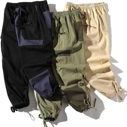 Men Streetwear Carog Pants Hip Hop Baggy Joggers Korean Style Patchwork Pocket Sweat Pants Black Track Pants For Male