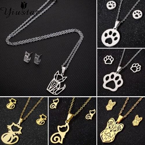 Yiustar Pet Dog Footprints Paw Fashion Jewelry Necklace Sets for Women Stainless Steel Pendant Charm Animal Stud Earring Set