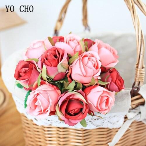 YO CHO Fake Silk Roses Artificial Flowers Small Pink Bouquet for Wedding Home Birthday DIY Decoration White Artificial Flowers
