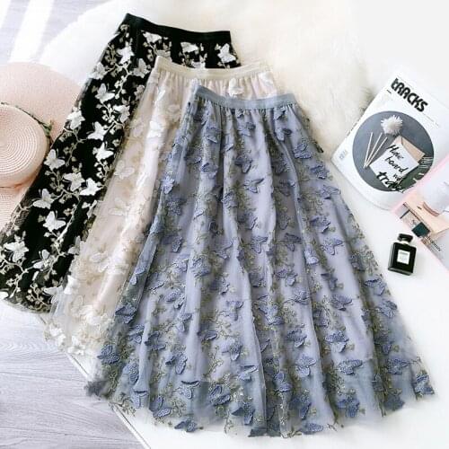 Wasteheart New Women Fashion Black Kahki High Waist Ruffles Pleated A-Line Mid-Calf Long Skirt Mesh Clothing Ball Gown Appliques