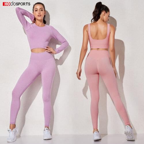 Women Seamless Yoga Set 3 PCS High Waist Pants Fitness Leggings Gym Long Sleeve Crop Top Sports Bra Lounge Wear Sport Set Women
