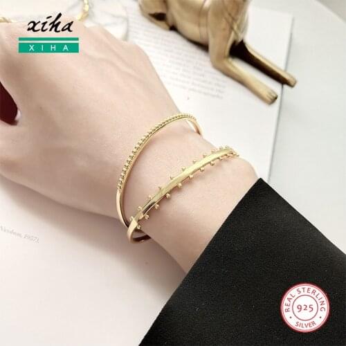 Real 925 Sterling Silver Bead Bangle Bracelets for Women Gold Color Fashion Statement Jewelry 2020