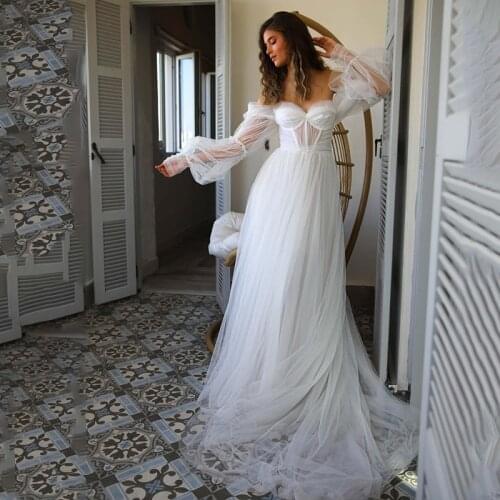 Eightree Cheap Wedding Dresses 2021 Sexy Beach Wedding Gowns Long Puff Sleeve Bride Dress A Line Women Mariage Low Back