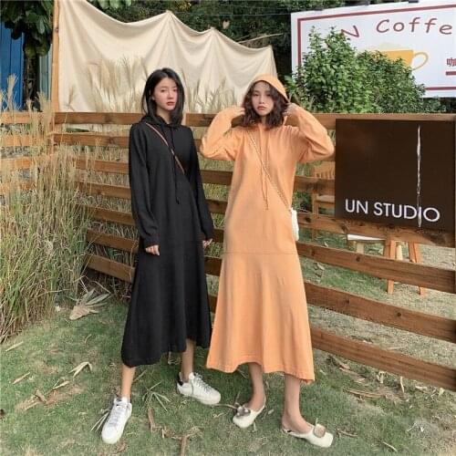 Women Spring Long Sleeve Long Knitted Hoodie Dress Hooded Drawstring Ruffle Casual Pullover Dresses Brief Solid Color