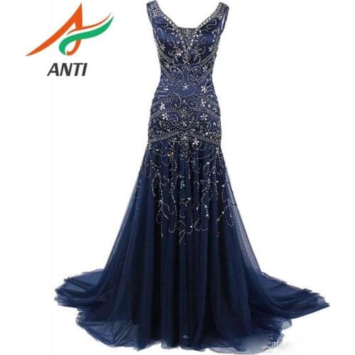 ANTI Arabian Mermaid Long Evening Dress 2019 Dark Blue Crystal Beading Sleeveless Lace up Formal Party Gowns Sexy robe de soiree