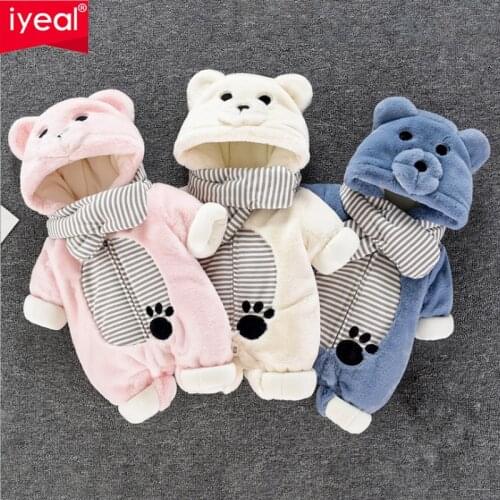 IYEAL Winter Kids Newborn Overalls With Scarf Trendy Bear Design Warm Flannel Jumpsuit for Baby Boy and Girls Baby Clothes