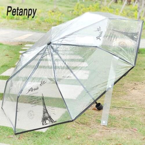 EVA transparent print umbrella paris tower 8K perspective three folding umbrella non-automatic girl rain tools White Blac