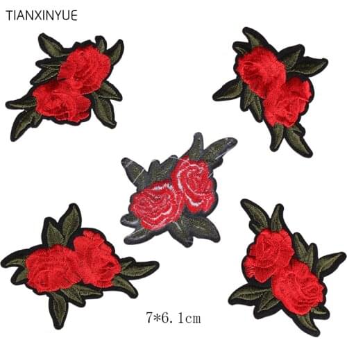 TIANXINYUE 20pcs Double Rose Patch Applique Fabric Sticker Iron On Red flower Patch Craft Sewing on Embroidered Clothing
