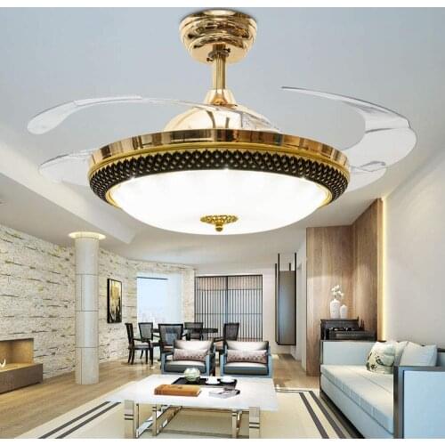 42 Inch Invisible European Ceiling Fans with LED Light and Remote, Indoor Ceiling Light with 4 Retractable ABS Blades Fans