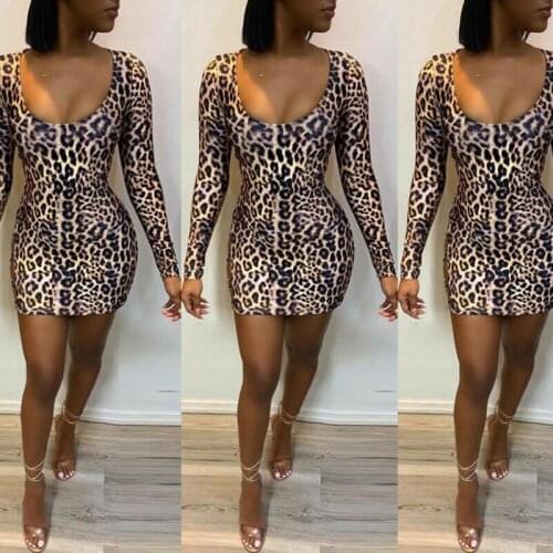 Bandage Evening Party Club Bodycon Dress Mini Women Casual Long Sleeve Leopard Lace-Up Open Back Dress