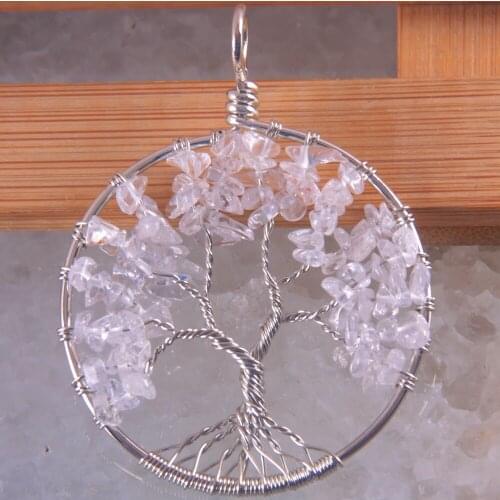 Free Shipping Fashion Tree of life - Natural Stone Beads Clear Crystal Wire Wrap Round Pendant K1854