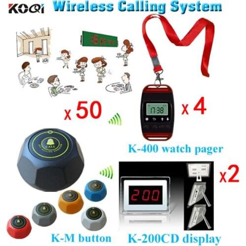Wireless Waiter Call System KOQI Electronic 2 pcs Panel Receivers + 4 pcs Waiter Watches + 50 Call Buttons