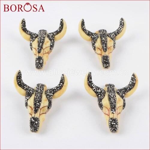 BOROSA Horn Cattle Bull Buffalo Pendant Longhorn Pendant Resin Crystal Rhinestone Pave Black Zircon Head Fashion Jewelry JAB634