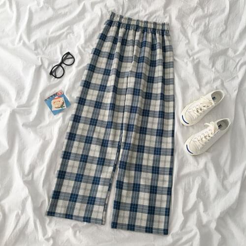 Retro Fashion Plaid Casual Long Pants Summer Autumn Womens 2021 Korean Loose Elastic High Waist Wide Leg Pants Streetwear
