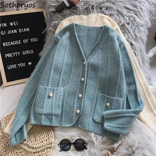 Cardigan Women Knitted Sweaters Pockets French-style Elegant Vintage Trendy Ladies Open-stitch Simple All-match Outwear Oversize