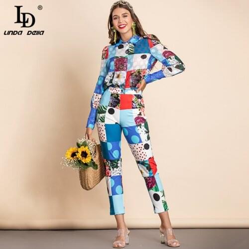 LD LINDA DELLA 2021 Summer Fashion Plaid Floral print Set Women Loose Polka dot Blouse Tops and Slim Midi Pants Two Pieces Set