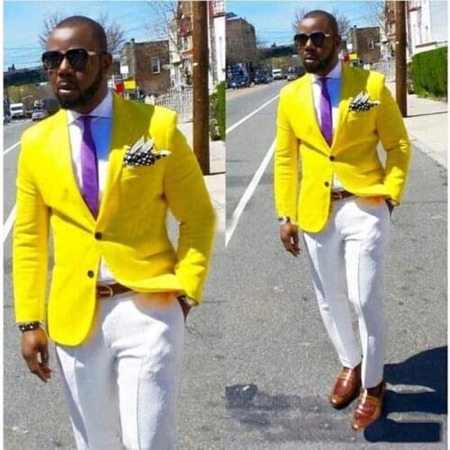 Summer Style Custom Made Groomsmen Yellow Tuxedo Jacket Mens Suit Groom Tuxedos Beach Wedding Suits For Men（Jacket+Pants