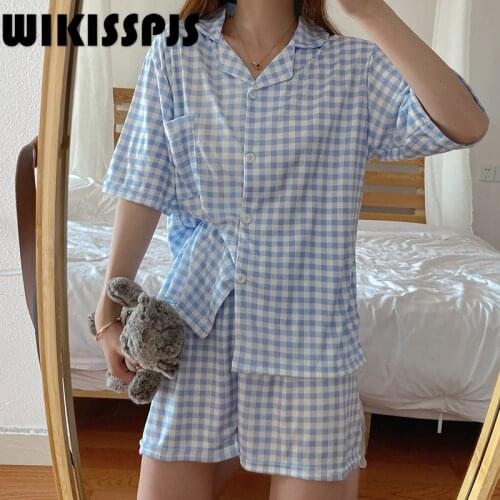 Summer Short Sleeve Shorts Plaid Pajamas Lovely Student Home Clothes Two Piece Set Summer Kawaii Pajama Pajamas for Teen Girls