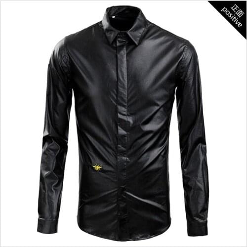M-XXL ! 2016 Mens clothing Faux PU small bee embroidery fashion patchwork male trend long-sleeve shirt slim singer costumes