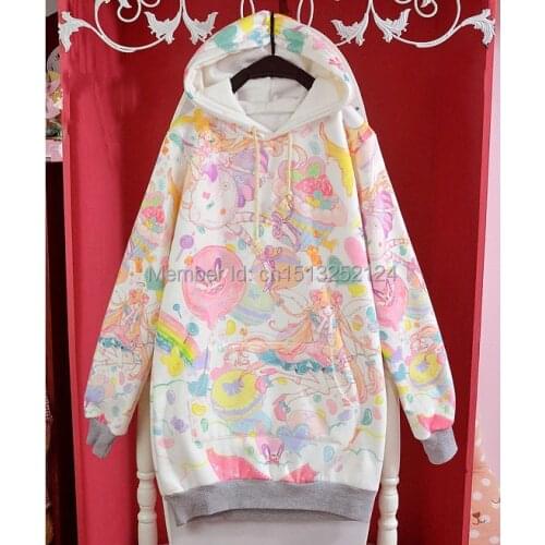 Cute Winter Womens Lolita Macaron girl Kawaii Loose Hoodie Cake Harajuku Long Sleeve Top Tee Loose Colorful Fairy Kai