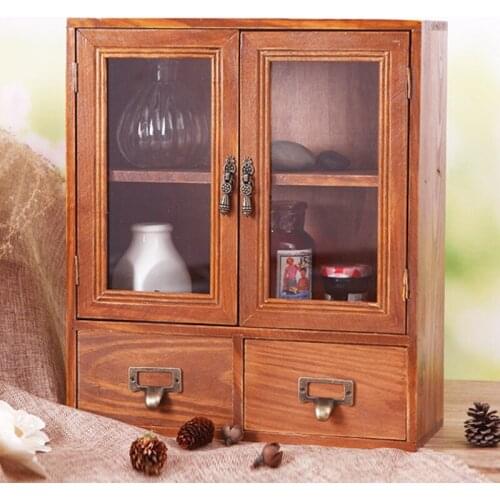 Cute Beautiful Handmade Tabletop Standing Vintage Wood Mini Cabinet with Doors Drawers