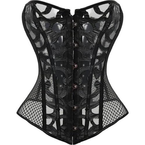 NEMOLEMON Sexy Womens Ladies Waist Training Cincher Bustier Mesh Black White Punk Hot Gothic Mesh Hollow Out Corset