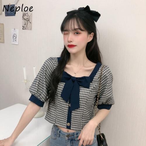 Neploe Square Collar Sexy Clavicle Exposed Slim Blouse Women Bow Design Vintage Plaid Blusas Summer 2021new Short Sleeve Shirt