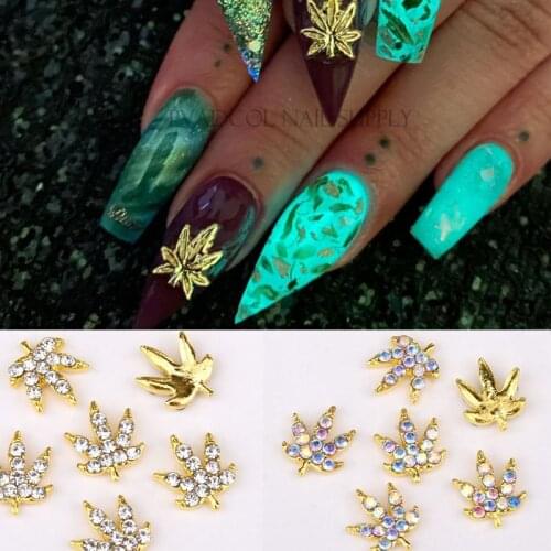 20pcs Weed Leaf Nail Charms Gold Glitter 3D Nail Art Rhinestone Alloy Luxury Nails Press On Manicure Decoration