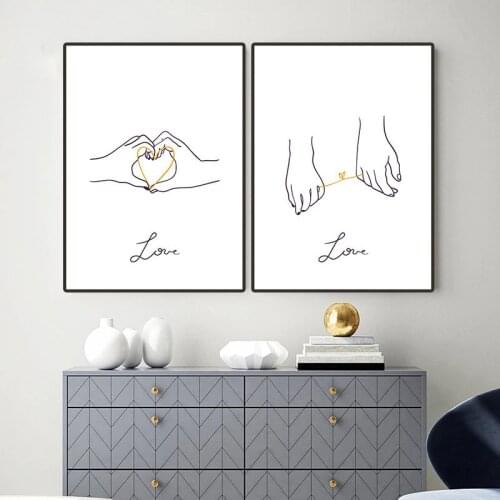 Yellow Line Holding Hands Poster Minimalist Line Drawings Wall Art Nordic Sweet Love Wall Pictures Home Decor