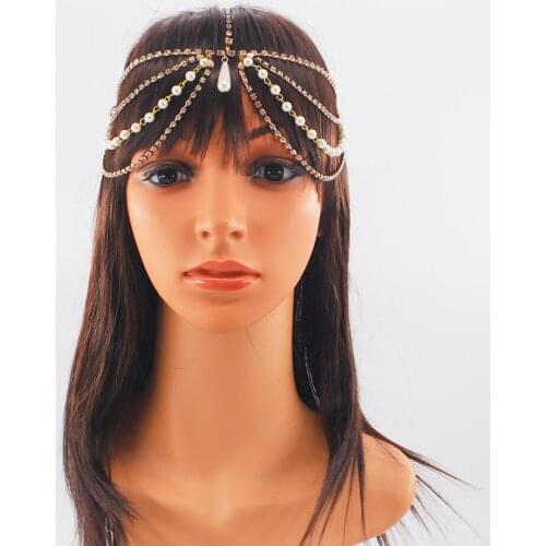 Luxury Bridal Forehead Hair Chain Rhinestone Jewelry For Wedding Gold Color Crystal pearl Head Chain Hairstyles Jewellry