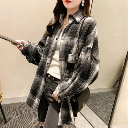 Women Spring Autumn And Winter Thick Woolen Shirts Ladies Plaid Loose Boyfriend Style Coat