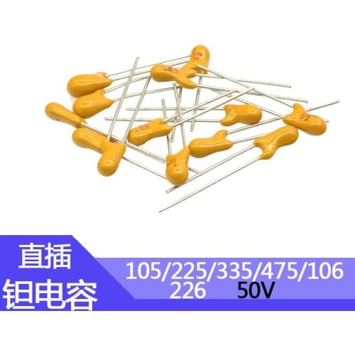 In-line tantalum capacitors 50v1uF 105/225/335/475/106/226 Foot pitch 2.54mm 50v1uF