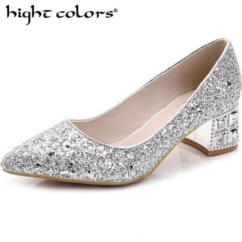 Hight colors Brand Fashion Gold Sliver Bling Shoes Woman Pointed Toe Women Pumps Wedding Shoes Slip-on Square Med heels JBL321