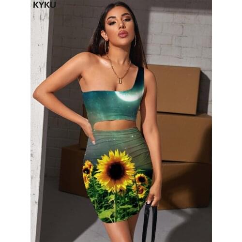 KYKU Brand Sunflower Dresses Women Galaxy Hollow out Dresses Moon 3d Print Nebula Bodycon Dress Womens Clothing Party Short