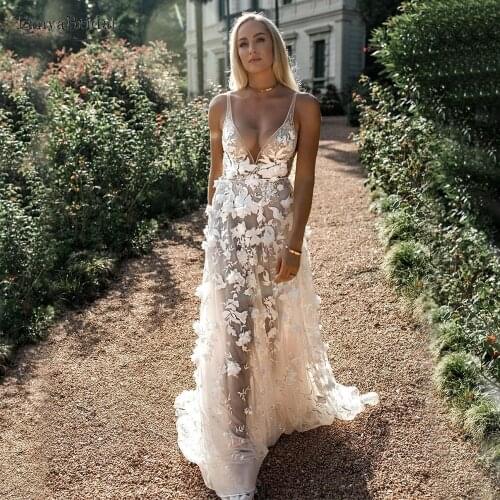 3D Flowers Lace Wedding Dresses Sex Backless A Line Bohemian Bridal Gowns V-Neck Robe de soriee DW437