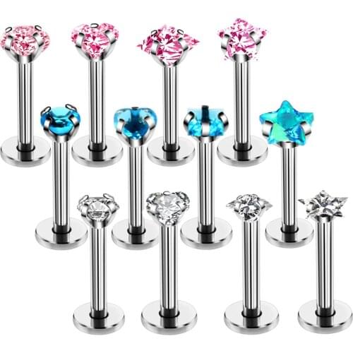 1/2PC Crystal Heart Labret Piercing Ring Surgical Steel Zircon Lip Piercing Tragus Piercing Earring Cartilage Stud Levre Jewelry