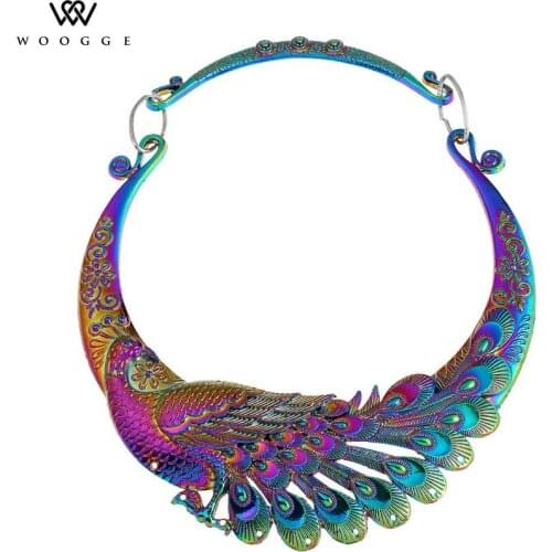 2018 Fashion Jewelry New Unique Double Dragon Peacock Large Metal Colar Choker Necklace Multi Color Statement Necklace Women
