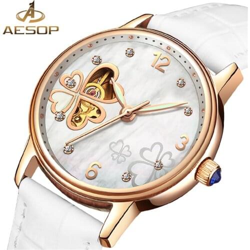 AESOP 2018 Ladies Diamond Display Women Top Brand Luxury White Simple Skeleton Transparent Case Automatic Mechanical Watches
