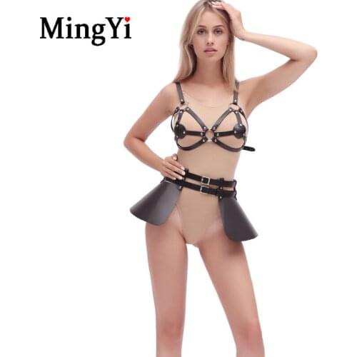 Bdsm Leather Cage Harness Bra Top Set For Women Punk Gothic Sexy Chest Harness Belt Skirt Body Bondage Fetish Lingerie Costume