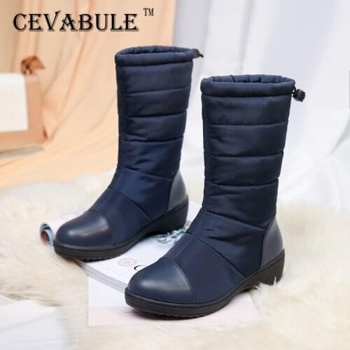 CEVABULE Simple Winter Womens Boots Thick-haired Snow Boots Stitched Down Cloth Mid-boot Slope with Casual Boots TYX