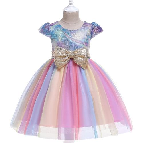 2020 New Girls Sprinkle Wedding Dress Children Shirt Large Bow Sequin Tutu Girls' Short Sleeve One-piece Dress