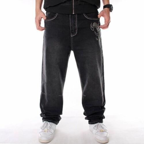Male Rap Hip Hop Jeans Plus Size 30-46 Men Street Dance Hiphop Jeans Fashion Embroidery Black Loose Board Denim Pants Overall