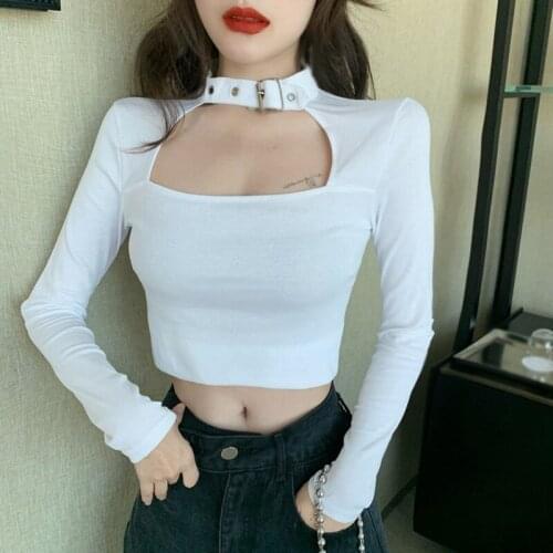 Sexy Womens T Shirt Harajuku Long Sleeve Basic T Shirts Women Buckle Halter Tees Tops Streetwear