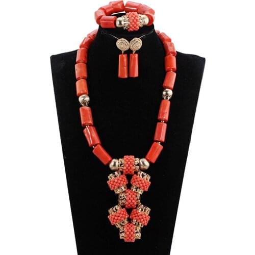 African Coral Jewelry Sets Quality Real Coral Beads Pendant Necklace Set for Brides Women Wedding Statement Jewelry Set ABH704